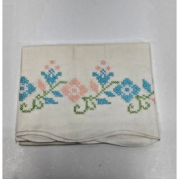 Handmade Other - Vintage Handmade Cross Stitch Pillowcase Standard Size Floral Scalloped Edge